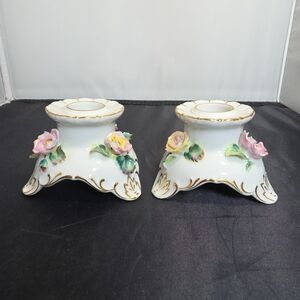 Takiro Japan Porcelain Floral Candle Holders Pair Roses Gold Trim (#9)